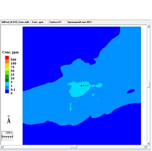 Installasjon N-O15 Utslippsmengden av produsert vann var 3 154 m 3 /døgn. Figur 4.11 til Figur 4.14 viser simulerte midlere konsentrasjoner av produsert vann i mai 2012.