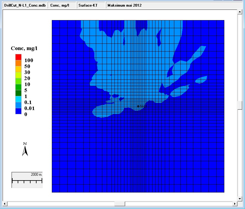 Figur 4.17. Letebrønn N-L1. Simulerte maksimumskonsentrasjoner av suspendert kaks i overflaten i mai 2012.