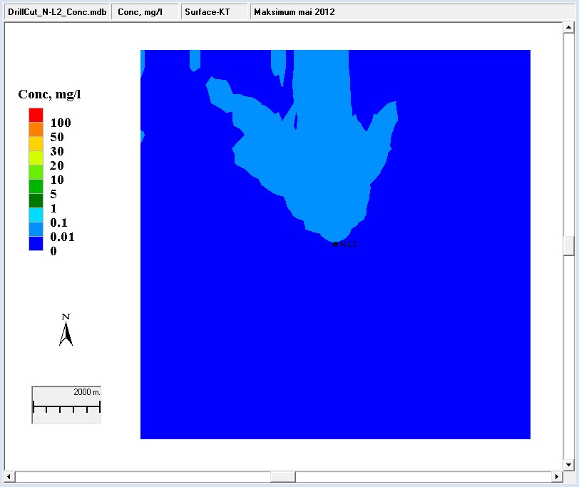 Figur 4.22. Letebrønn N-L2. Simulerte maksimumskonsentrasjoner av suspendert kaks i øvre 0-10 m i mai 2012.