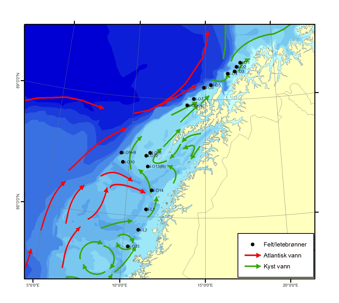 Figur 5.1: Dominerende havstrømmer i utredningsområdet, inkludert mulige petroleumsinstallasjoner. 5.1.1 Beskrivelse av havområdet rundt utredningsområdet Utredningsområdet inkluderer Nordland IV, V, VII og VII, samt Troms II.