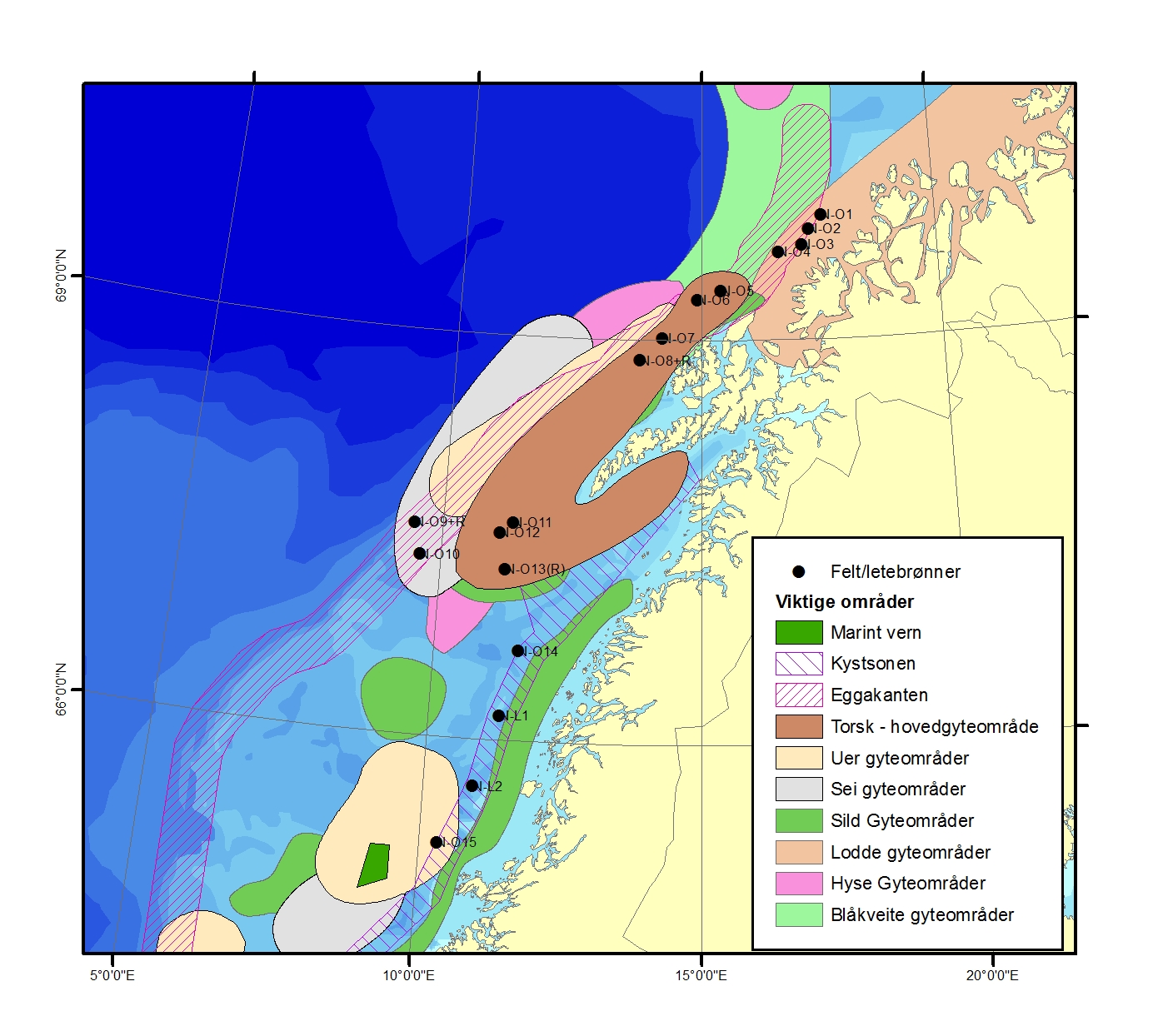 Figur 5.2. Viktige gyteområder i utredningsområdet, inkludert mulige petroleumsinstallasjoner (Kilde: Direktoratet for naturforvaltning, Havforskningsinstituttet og www.mareano.no). 5.1.