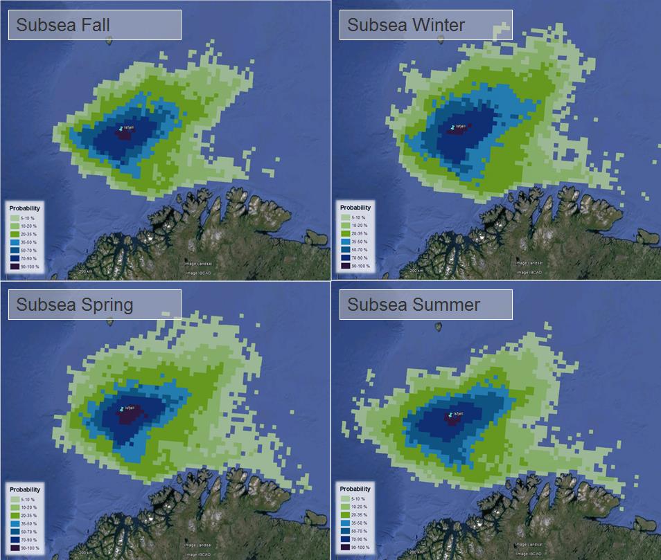 Figur 3-3: Sannsynligheten for treff ( 5 %) av > 1 tonn i 10 10 km sjøruter gitt en sjøbunnsutblåsning fra letebrønn Isfjell i hver sesong.