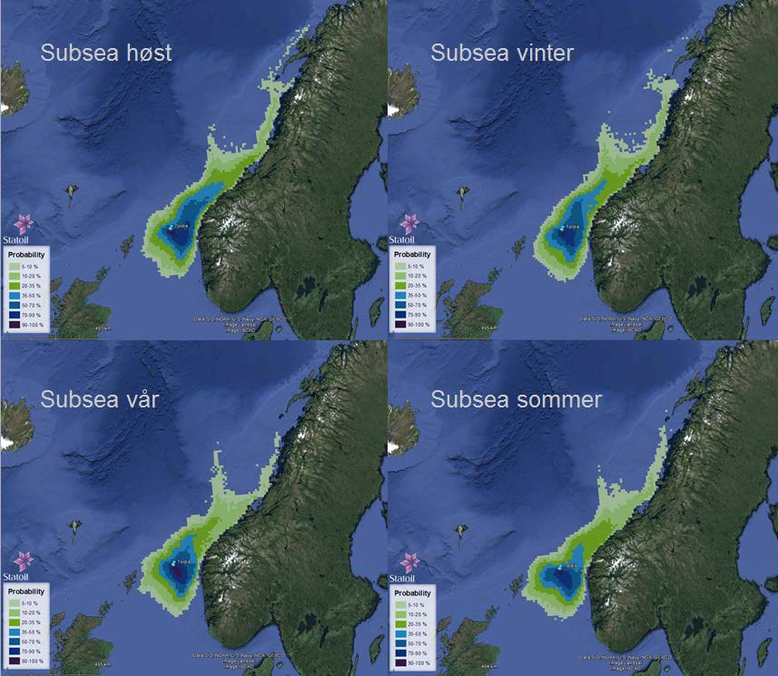 Figur 3-2: Sannsynligheten for treff ( 5 %) av > 1 tonn i 10 10 km sjøruter gitt en sjøbunnsutblåsning fra produksjonsboring på Tordis i hver sesong.