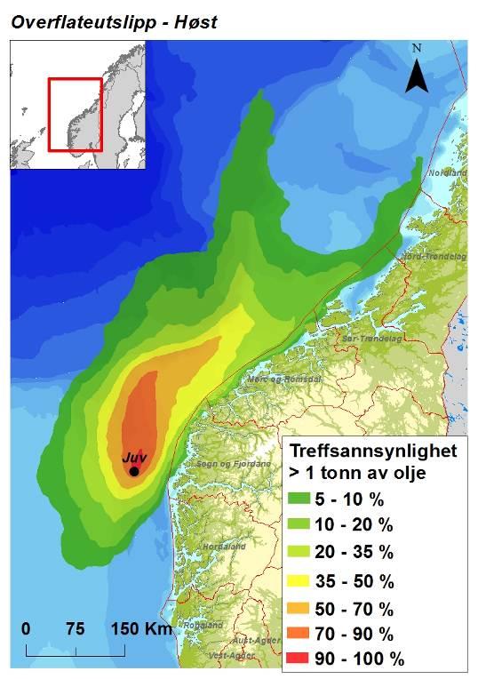 Figur 3-1 Sannsynligheten for treff av 1 tonn olje i 10 10 km sjøruter gitt en overflateutblåsning fra Juv i hver sesong.