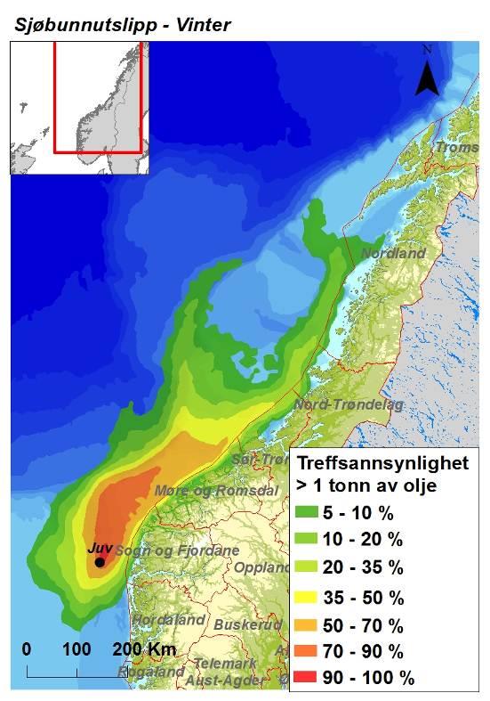 Figur 3-2 Sannsynligheten for treff av 1 tonn olje i 10 10 km sjøruter gitt en sjøbunnsutblåsning fra Juv i hver sesong.