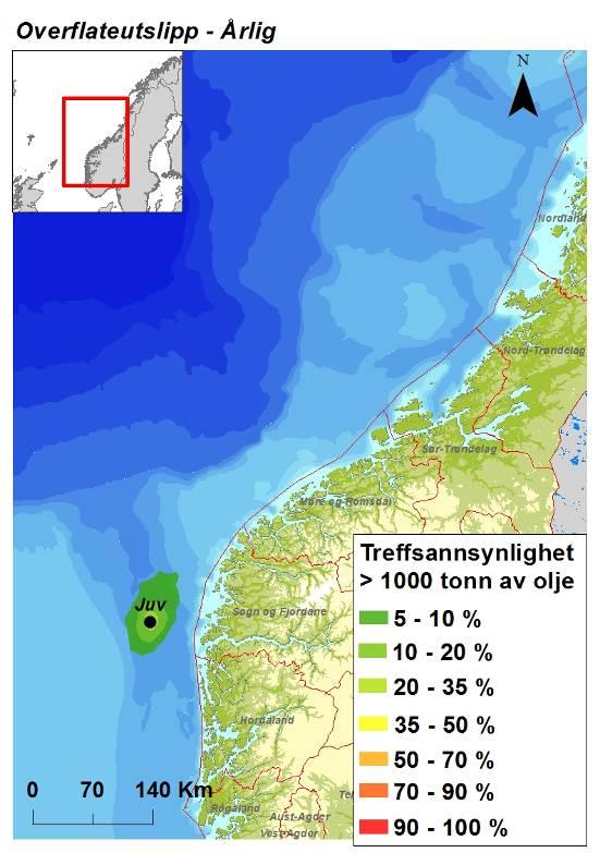 3.5.2 Treff av olje i mengdekategorier Årlig sannsynlighet for treff av olje i mengdekategoriene 1-100 tonn, 100-500 tonn, 500 1000 tonn og > 1000 tonn i 10 10 km ruter gitt hhv.