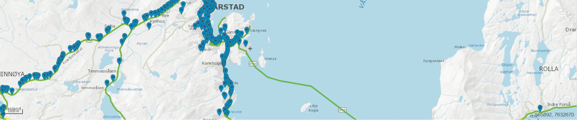 Vurdering: Ved ny arealbruk må det redegjøres for hvordan trafikksikkheten ivaretas. Vegstrekningen bør skredsikres. Vegstrekningen FV1 Ervik-Møkkland bør oppgraderes med gang- og sykkelveg.