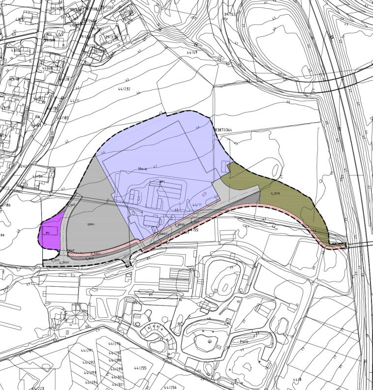 Planbeskrivelse Planområdet ligger mellom Hovevegen og E39 og vil få adkomst fra ny rundkjøring i Hovevegen.