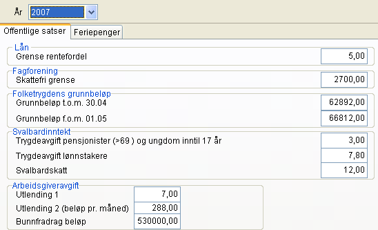 2. Forberede årsoppgjøret 2.3 Kontrollere offentlige satser 1. Velg oppgaven Kartotek Satser, firmaoppsett Firmaopplysninger Registrere. 2. Klikk mappen Parametre. 3.