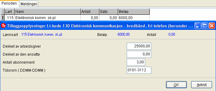 4. Ekstrakjøring Når du registrerer fri telefon med fordelsbeløp 0, må du oppgi 1 i feltet Antall for at linjen skal innberettes.