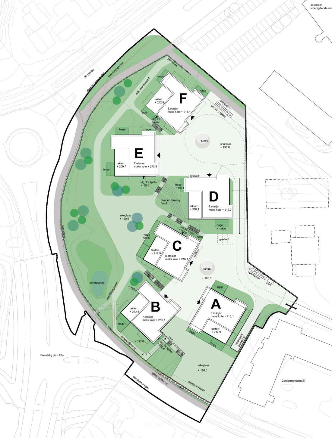 Figur 2: Situasjonsplan over planområdet med boligblokker A-F (kilde: Alliance arkitekter). Det er planlagt å oppføre ca 140 leiligheter fordelt på seks boligblokker.