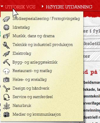 Du vil gså finne denne infrmasjnen ved å hlde musepekeren ver UTFORSK VGS på menylinjen g deretter klikke på det utdanningsprgrammet du er interessert i: Når du er kmmet inn på siden til det valgte