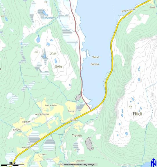 Beliggenhet i forhold til 100-meters beltet. Planområdets begrensning ligger i sin helthet vest for FV 355 og ligger utenfor 100-meteres belte.