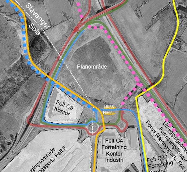 Figur 13 Infrastruktur (Prosjektil) Som figur 13 viser, så vil trafikken inn (rød) og ut (grønn) av planområdet måtte krysse kollektivfeltet (blå strek).