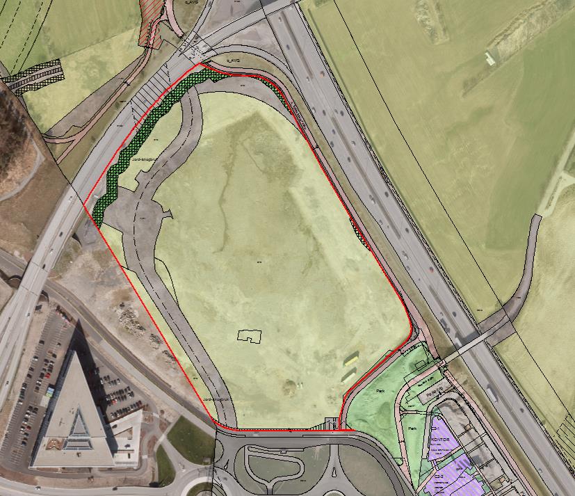 Figur 1 - Gjeldende regulering, størsteparten av planområdet er regulert til jordbruksformål i plan 978, vedtatt 20.08.1982. Planområdet er vist med rød strek. Plan 676 Motorveien Hinna Forus.