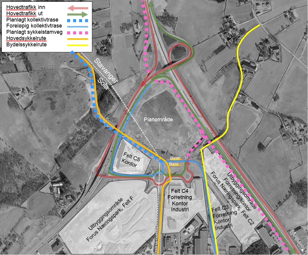 Vegsystem og adkomstforhold Figur 3 - Illustrasjon av eksisterende infrastruktur (Prosjektil) Adkomst til planområdet med bil er via rundkjøringen sør for planområdet (lys rød strek på figur 3).