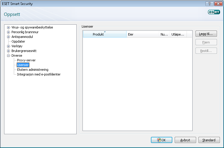 4.11 Lisens I grenen Lisenser administrerer du lisensnøklene for ESET Smart Security og andre ESET-produkter, blant annet ESET Ekstern administrator og ESET NOD32 for Microsoft Exchange.