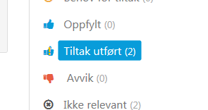 19.Nå skal virksomheten implementere tiltak for å lukke avvik. De gjør det de skal, og kan så endre status fra rød tommel (som indikerer avvik).