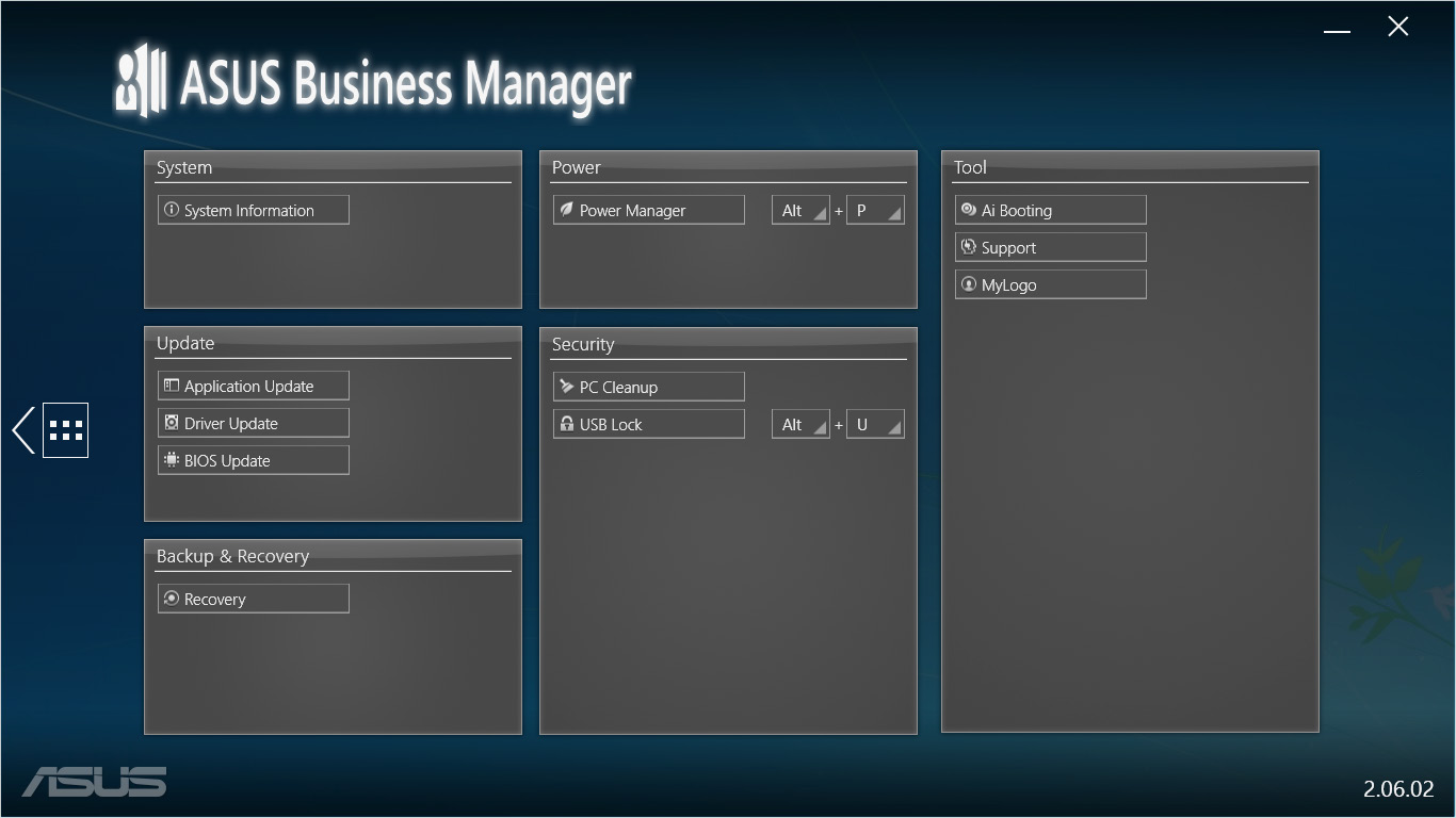 Starte ASUS Manager Åpne ASUS Manager fra Start-menyen ved å klikke på Start > ASUS > ASUS Manager Ikonvisning og listevisning ASUS Manager har ikonvisning og listevisning.
