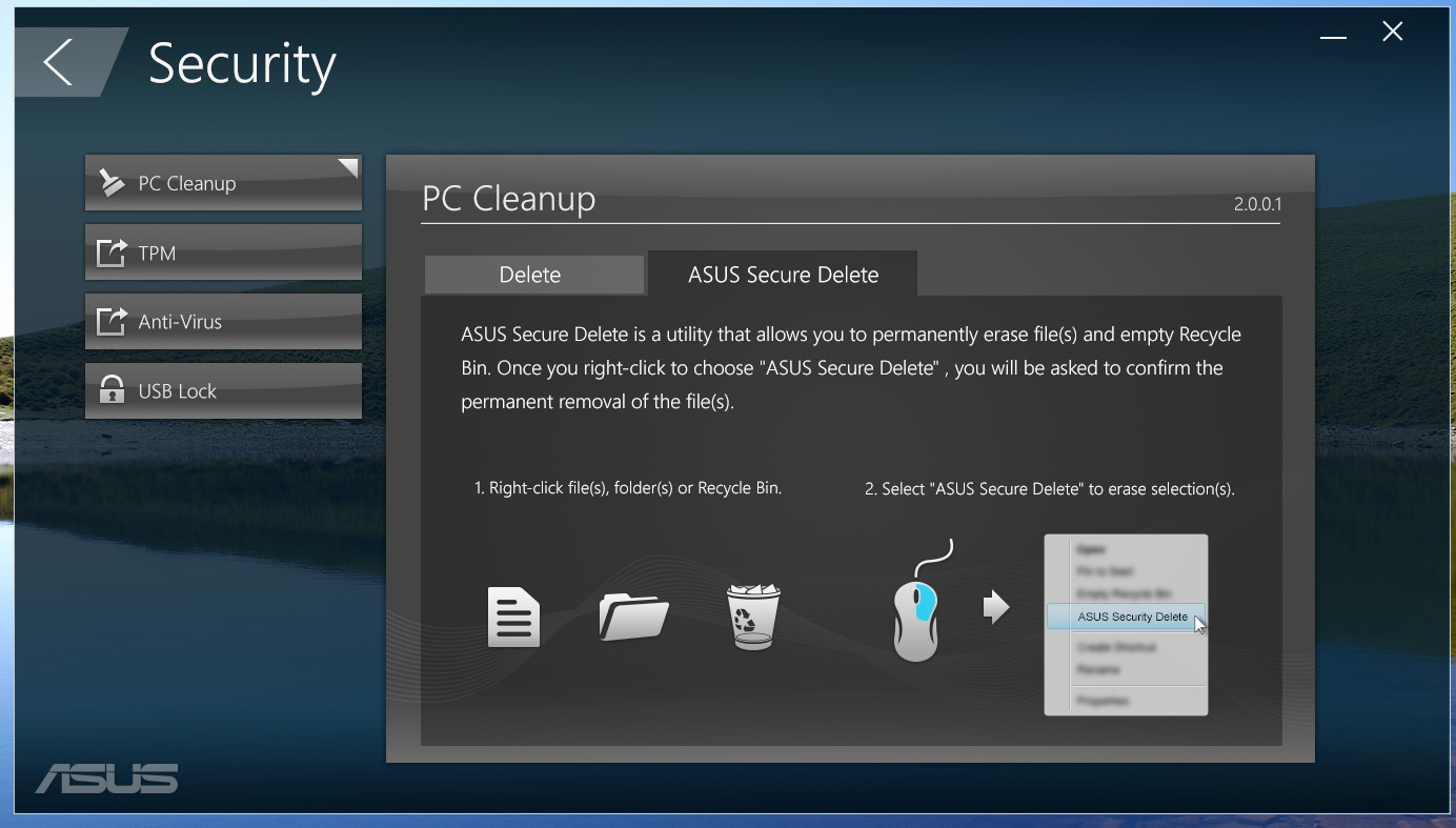 Security (Sikkerhet) Klikk Security (Sikkerhet) på hovedskjermen til ASUS Manager for å få tilgang til verktøyene PC Cleanup (PC-opprydding) og USB Lock (USB-lås).