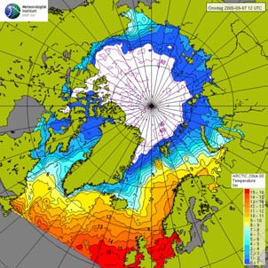 Figur 10: a) Varsel for isutbredelsen i Arktis vises hver dag på nettstedet http://met.no/havvarsel sammen med varsel for sjøtemperaturen.