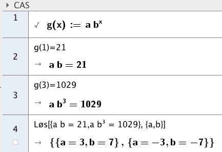 Løsninger til oppgvene i ok y y x x 3 = 50 0 = 5 = 5 = 5 = ± 5 Vekstfktoren er positiv og vi får = 5. y = 0 x = = 0 5 0 5 = 0 = Vi får funksjonsuttrykket gx= () 5 x. 5.8 Løser i CAS.