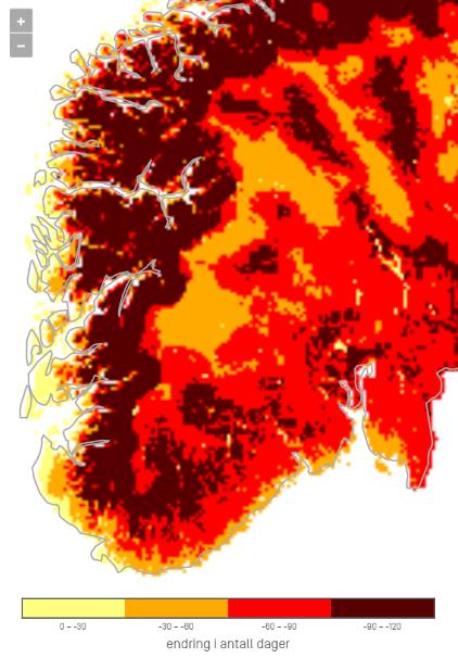 side 42 RCP4,5 middels utsleppsnivå RCP8,5 Høgt utsleppsnivå Figur 16 Forventa endring i dager med snødekke frå perioden 1971-2000 til 2071-2100 14 Fordeling av nedbørstyper om vinteren Av det som er