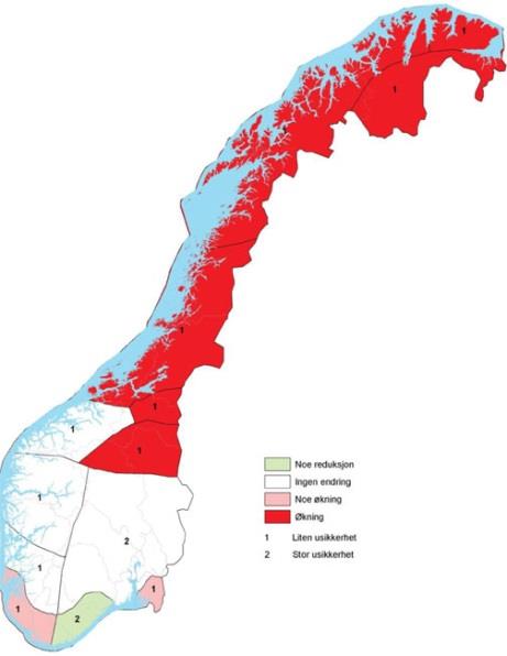 side 48 Figur 19 Vurdering av mulige endring av jordskredfare i Norge i løpet av de neste 50 år 19 Det vil likevel vere store lokale variasjonar slik at klimaendringar lokalt vil kunne påverke faren