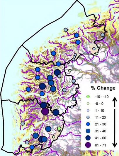 side 53 Figur 20 Framskrevne prosentvise endringar i flaumstørrelse for nedslagsfelt i Møre og Romsdal, Sogn og Fjordane og Hordaland mot 2100 22 Havnivåstigning Som følge av temperaturøkning i havet