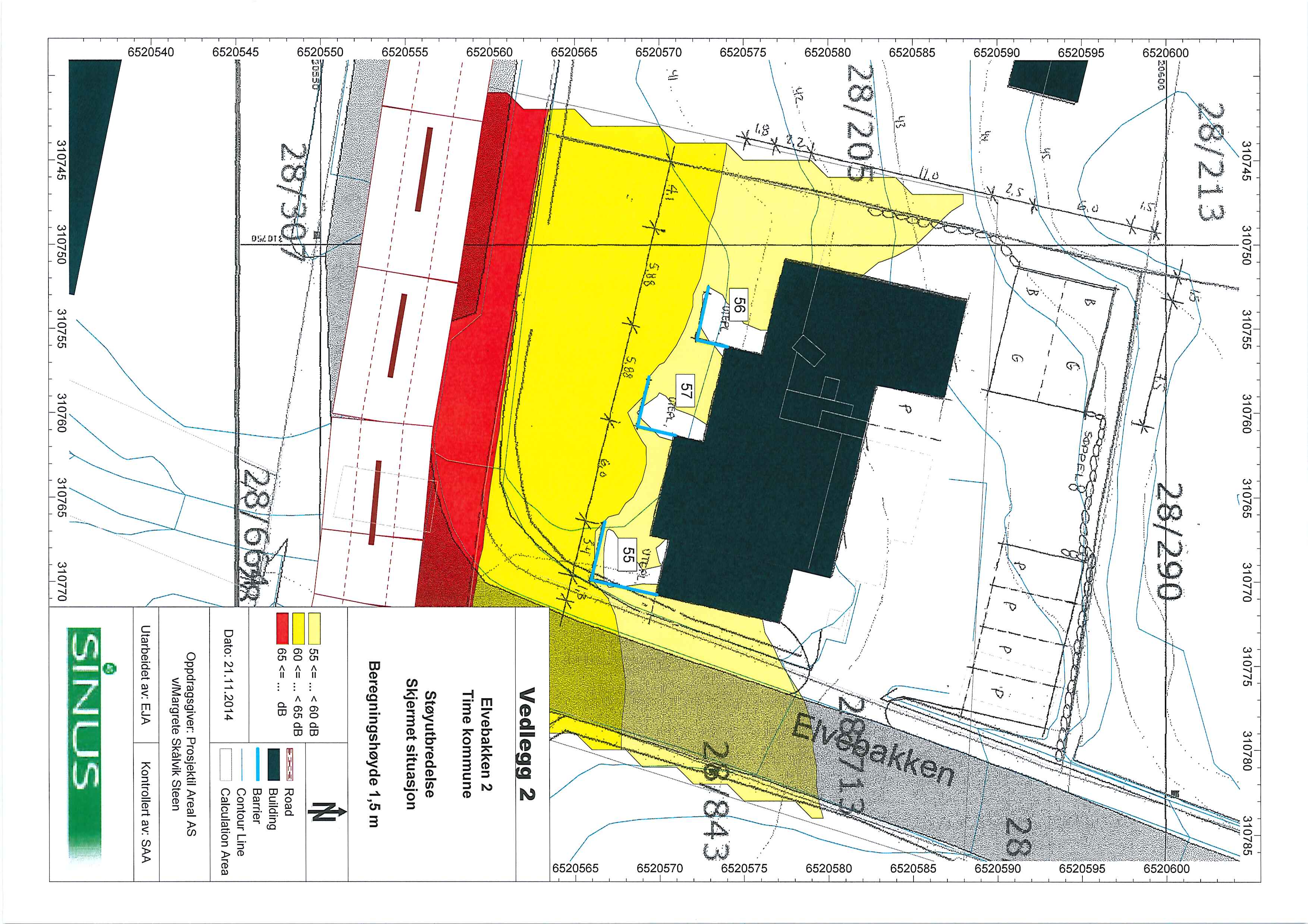 Vedlegg 2 Elvebakken 2 Time kommune Støyutbredelse Skjermet situasjon Beregningshøyde 1,5 m 55 <=...< 60 db 60 <=...< 65 db 65 <=... db Dato: 21.11.