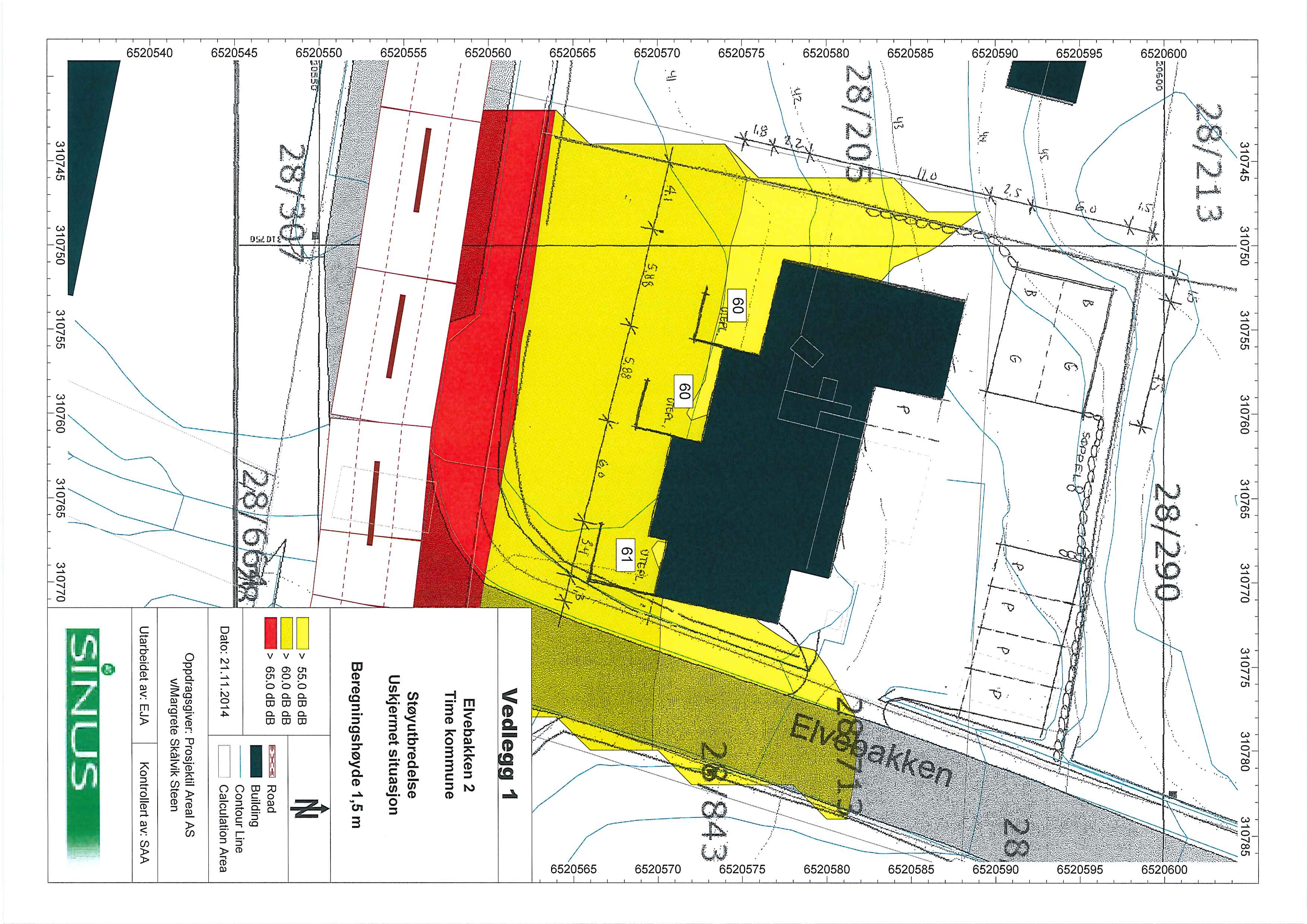 310750 310755 / Vedlegg 1 Elvebakken 2 Time kommune Støyutbredelse Uskjermet situasjon Beregningshøyde 1,5 m > 55.0 dbdb > 60.0 dbdb > 65.0 dbdb Dato: 21.