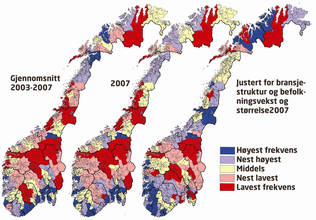 Kart over etableringsfrekvens i regionene Figur 39: Etableringsfrekvenser i regionene. Til venstre gjennomsnittlig etableringsfrekvens i perioden 2003-2007. I midten etableringsfrekvens i 2007.