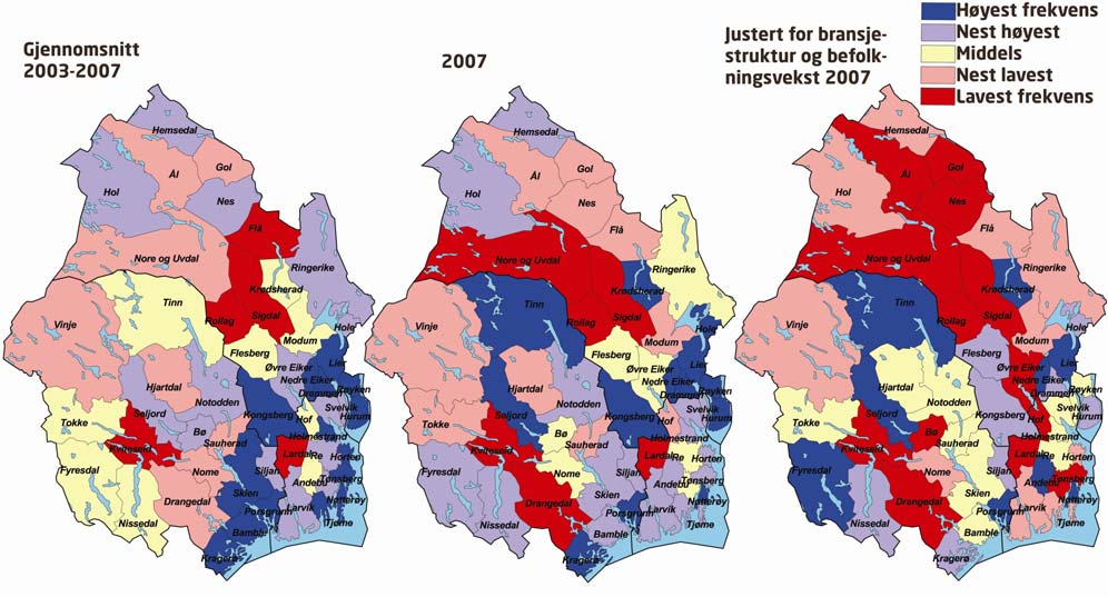Kart med etableringsfrekvens kommunene Figur 40: Etableringsfrekvens i kommunene i BTV. Til venstre gjennomsnittlig etableringsfrekvens i perioden 2003-2007. I midten etableringsfrekvens i 2007.