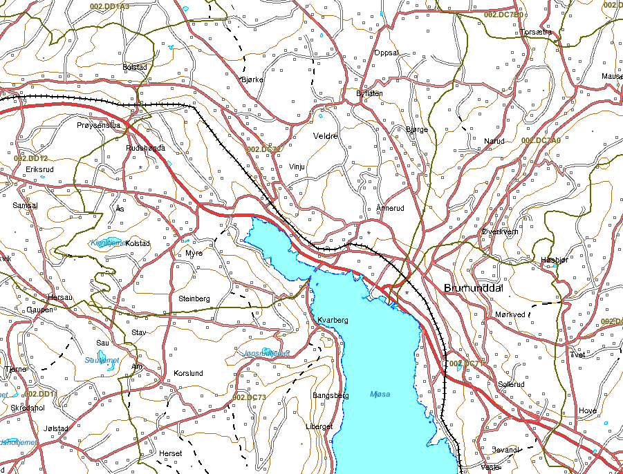 Side 12 Figur 6-26: Vegstrekning som drenerer til Furnesfjorden, Ringsaker kommune (merket med piler; nedslagsfeltgrense merket med grønt).( www.arcus.nve.no.