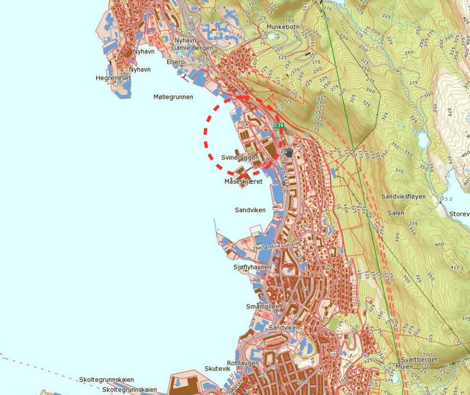 1 Innlending Figur 2 Terrengsituasjon rundt tomten. Tomten ligger i rød sirkel 1.2 Meteorologiske data I nærheten av Lehmkuhlstranda ligger det tre værstasjoner, vist i Figur 3.