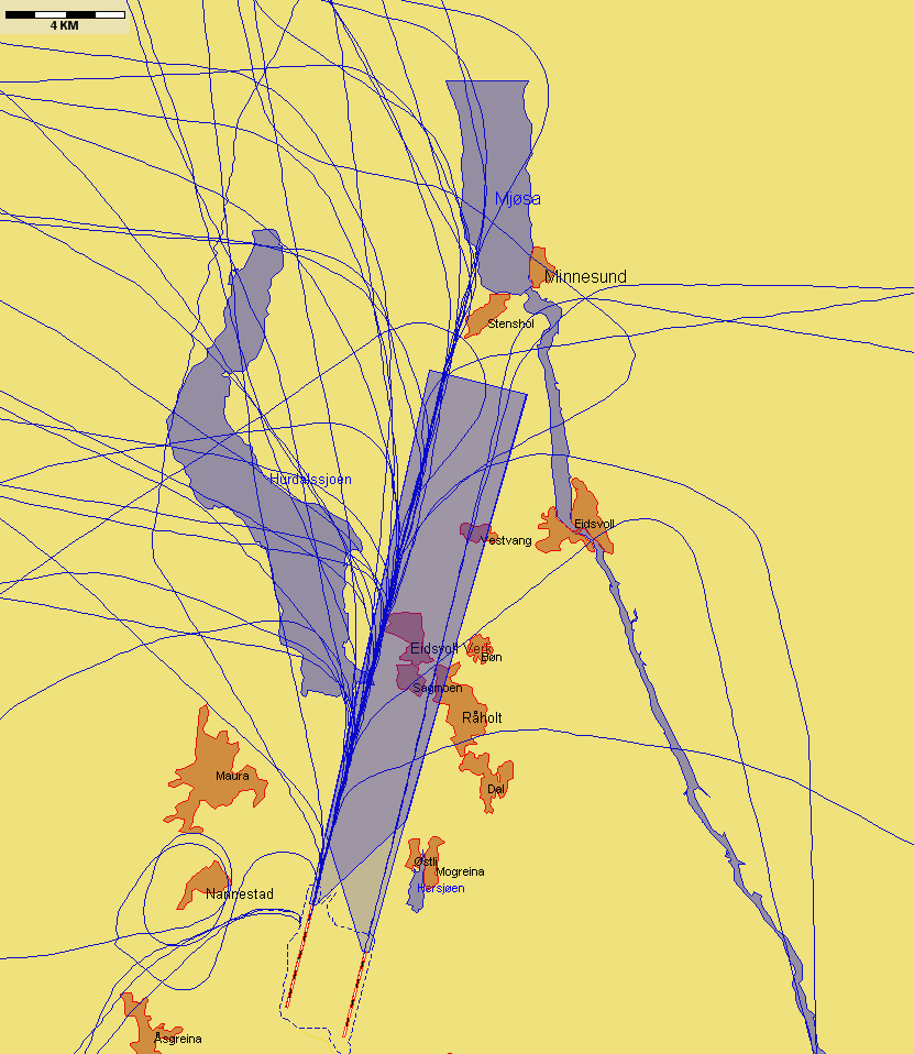 Landinger fra nord med andre flytyper, eksempeldag med sørlig trafikkretning hele dagen Figur 5. Mandag 1.