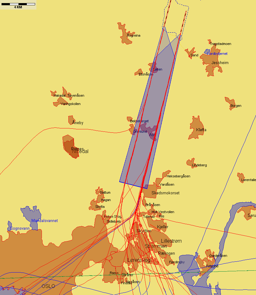 Jetflylandinger fra sør med lav høyde sør for N 59 55 00 Figur 8.