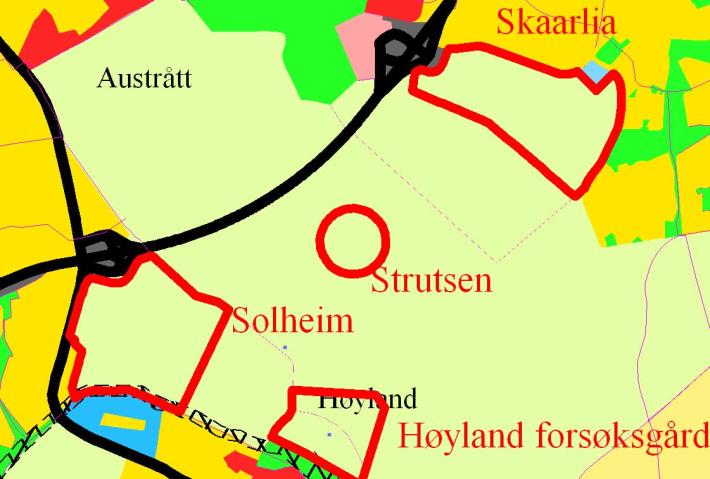 Område: Nr. 28 Strutsen Strutsen Dagens formål Foreslått arealbruk og størrelse LNF Offentlig 24 dekar Dagens situasjon Arealet er satt av til overordnet grønnstruktur i FDP-J.