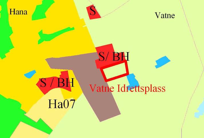 Område: Nr. 34 Vatne idrettsplass Vatne idrettsplass Dagens formål Foreslått arealbruk og størrelse Dagens situasjon LNF Idrettsplass.