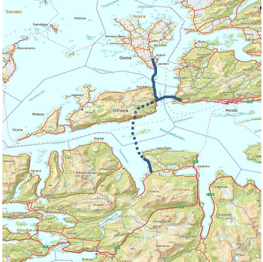 Planprogram for kommunedelplan Møreaksen: E39 Vestnes Molde, med arm til Gossen 13 Molde - Vestnes Solholmen - Mordalsvågen Aukra Hollingsholmen Planen avklarer også konsekvensene samt aktuelle