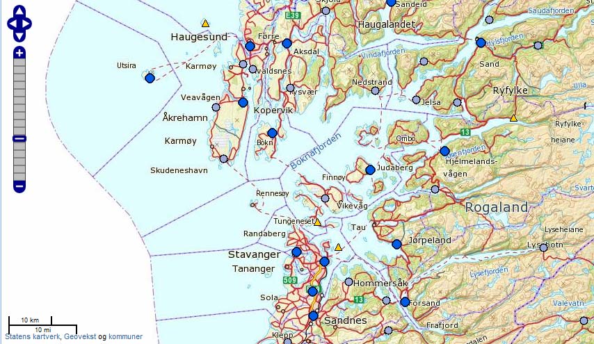 Figur 14 Brannstasjoner Rogaland (utsnitt), DSB Forslag til ny brannstasjonstruktur for Sør-Rogaland IKS Stavanger: Østre bydel: Ny brannstasjon med ett vaktlag pluss høydemateriell,