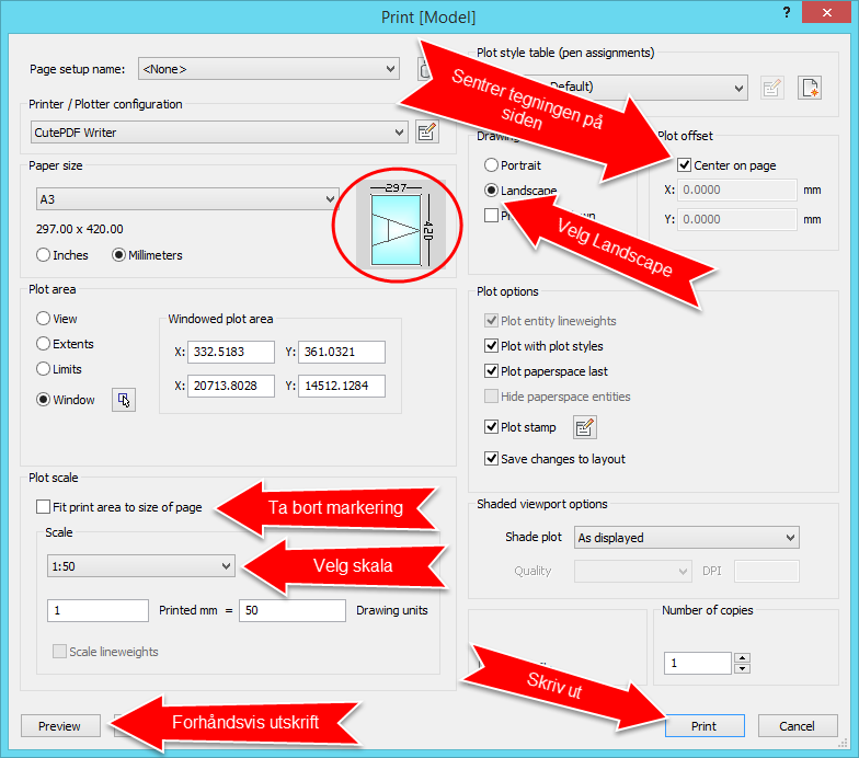 Fit print area to size of page Markerer du denne vil du ikke kunne velge noen utskriftskala for tegningen. Tegningen vil bli skrevet ut på det arkformatet du har valgt uansett hvor stor tegningen er.