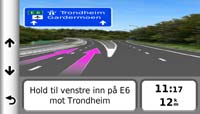 Om kartsidene Vise neste sving Du må navigere etter en rute før du kan vise neste sving. Neste sving viser svingen på kartet samt distansen og tiden som gjenstår før du når svingen.