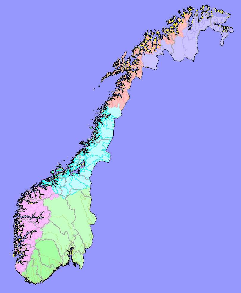 Figur 1. Geografisk regionsinndeling basert på nedbørfeltene i REGINE og biologiske utbredelsesmønstre. 3.