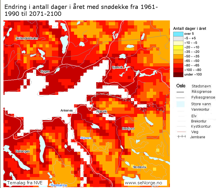 Figur 8: Med forventede klimaendringer vil antallet dager med snø i planområdet kunne reduseres til nære 0.