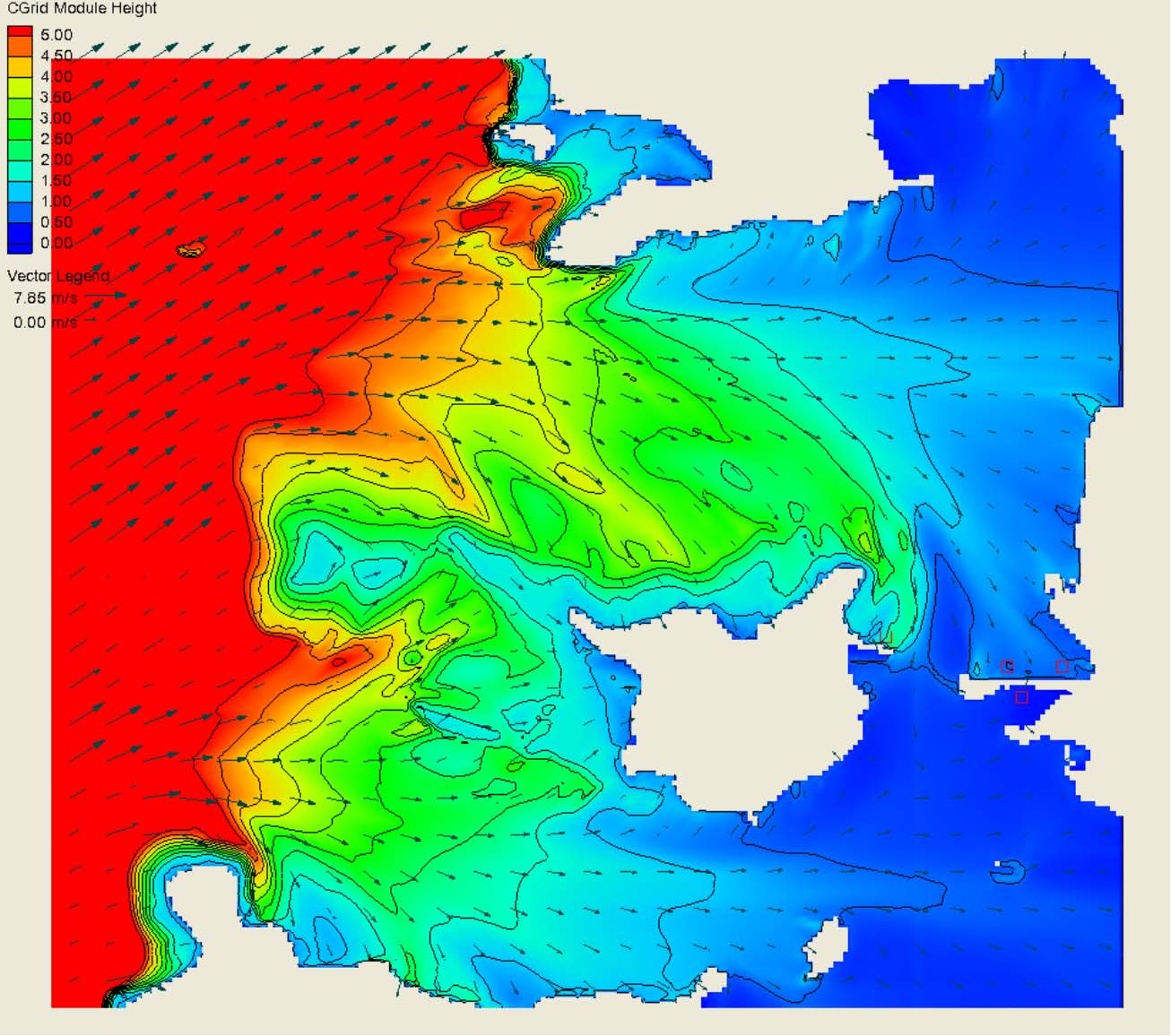 6 Figur 4 Fordeling av signifikant bølgehøyde i et tilfelle der sjøtilstand i åpent hav er H s = 7.5 m, T p = 14.0 s, retning 240.