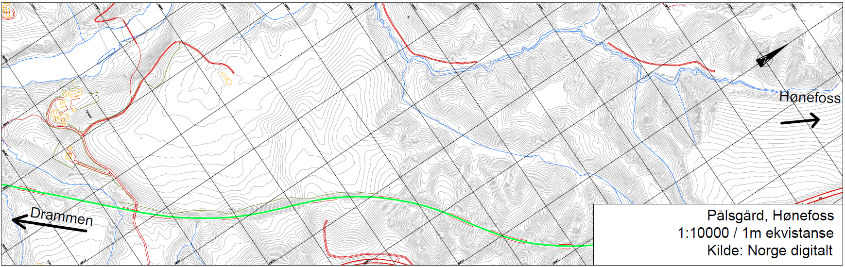 3.8 Alternativ 8 Pålsgård Området ligger ca. 4,3 kilometer sør for Hønefoss stasjon langs Randsfjordbanen. Grunnen i området består av tykk havavsetninger.