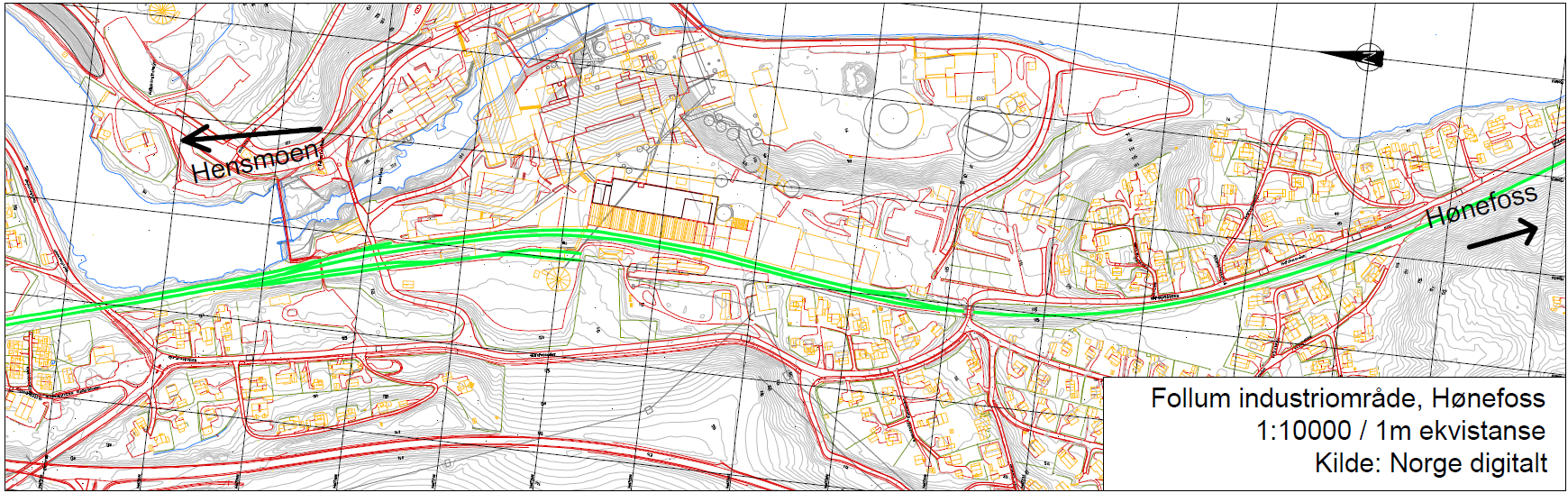 3.3 Alternativ 3 Follum industriområde Området ligger ved Randsfjordbanen (ikke elektrifisert) ved et nedlagt industriområde på Follum, ca. 2 kilometer nord for Hønefoss stasjon.