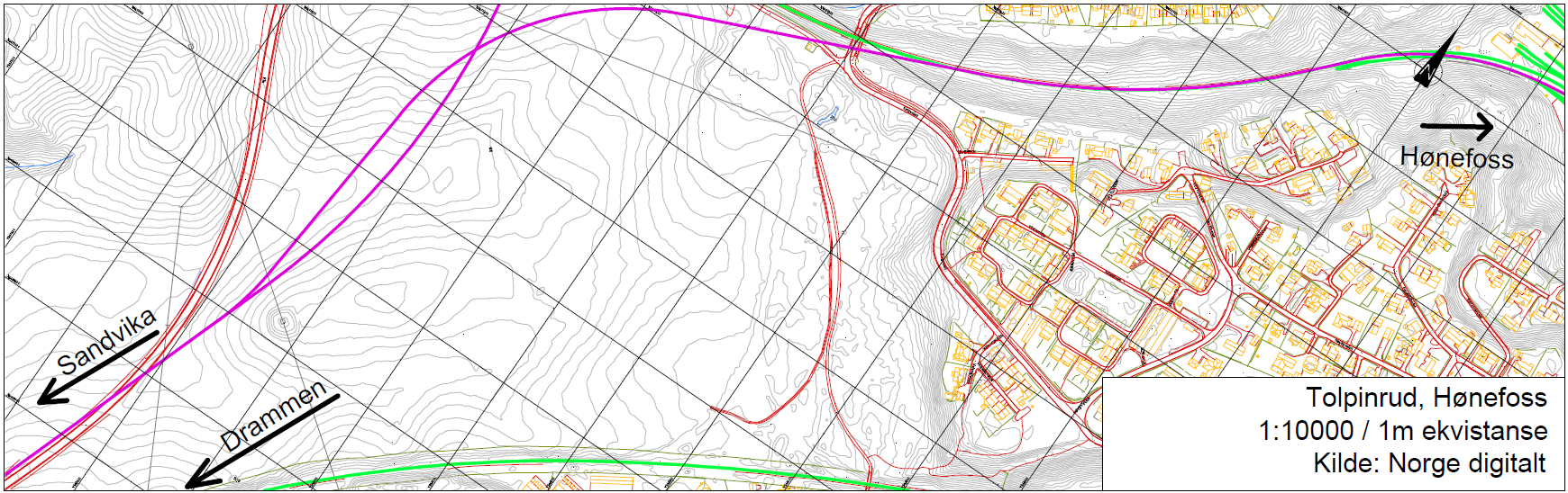 3.4 Alternativ 4 Tolpinrud Området ligger 1,5 km fra Hønefoss stasjon. Området består av skog. Grunnforholdene er elveavsetning og tykk havavsetning.