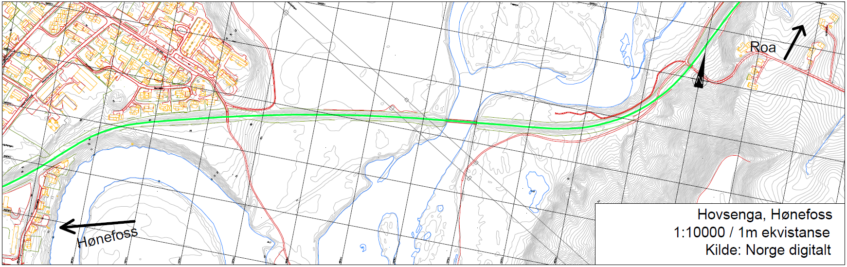 3.5 Alternativ 5 Hovsenga Området ligger ca. 2,8 kilometer fra Hønefoss stasjon langs Roabanen. Arealet ligger ved elven og grunnen består av elveavsetninger.